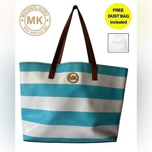 MICHAEL KORS 🩵 Blue & White Striped Shoulder Canvas Tote, Gold Logo